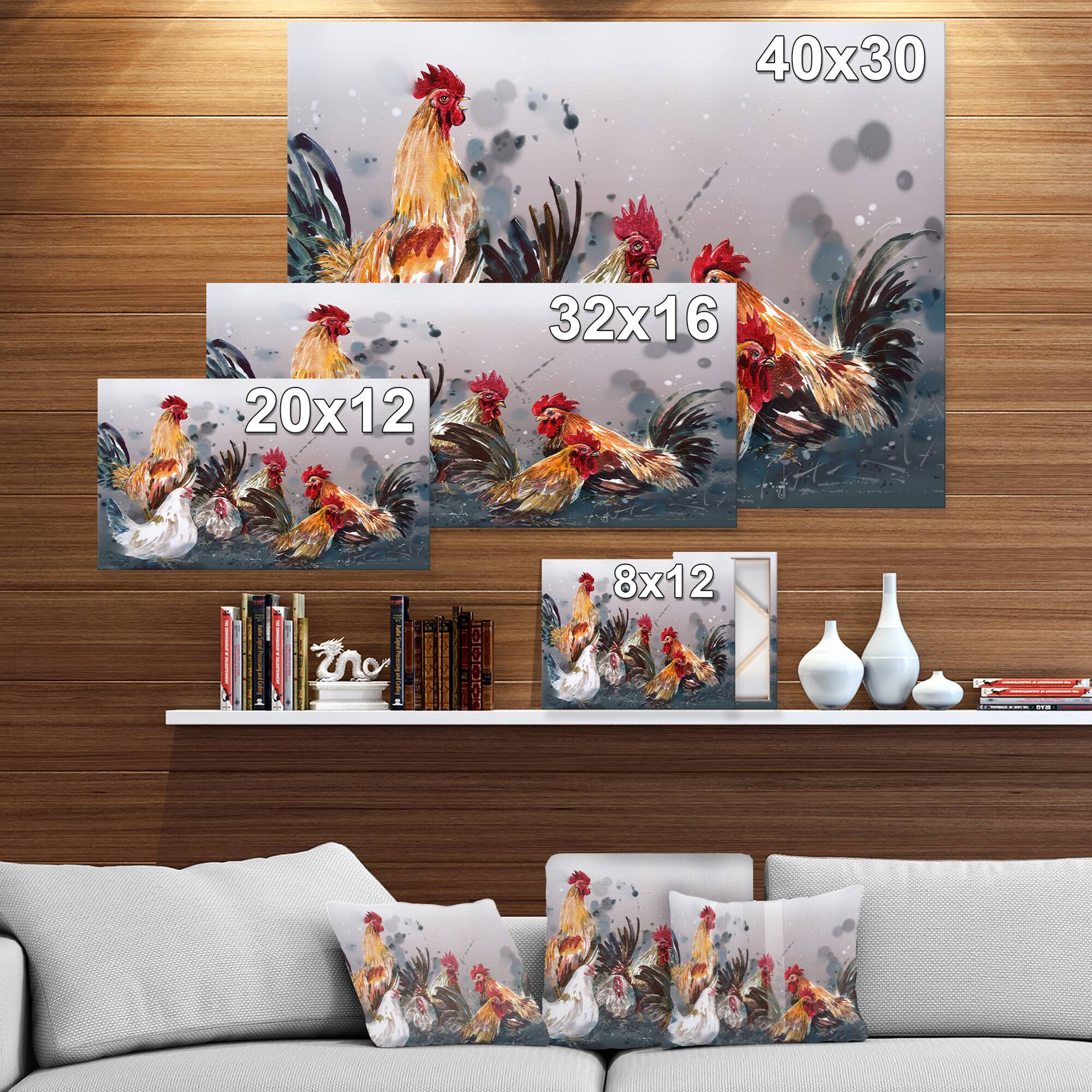 Designart - Group of Rooster in Gray Farm background
